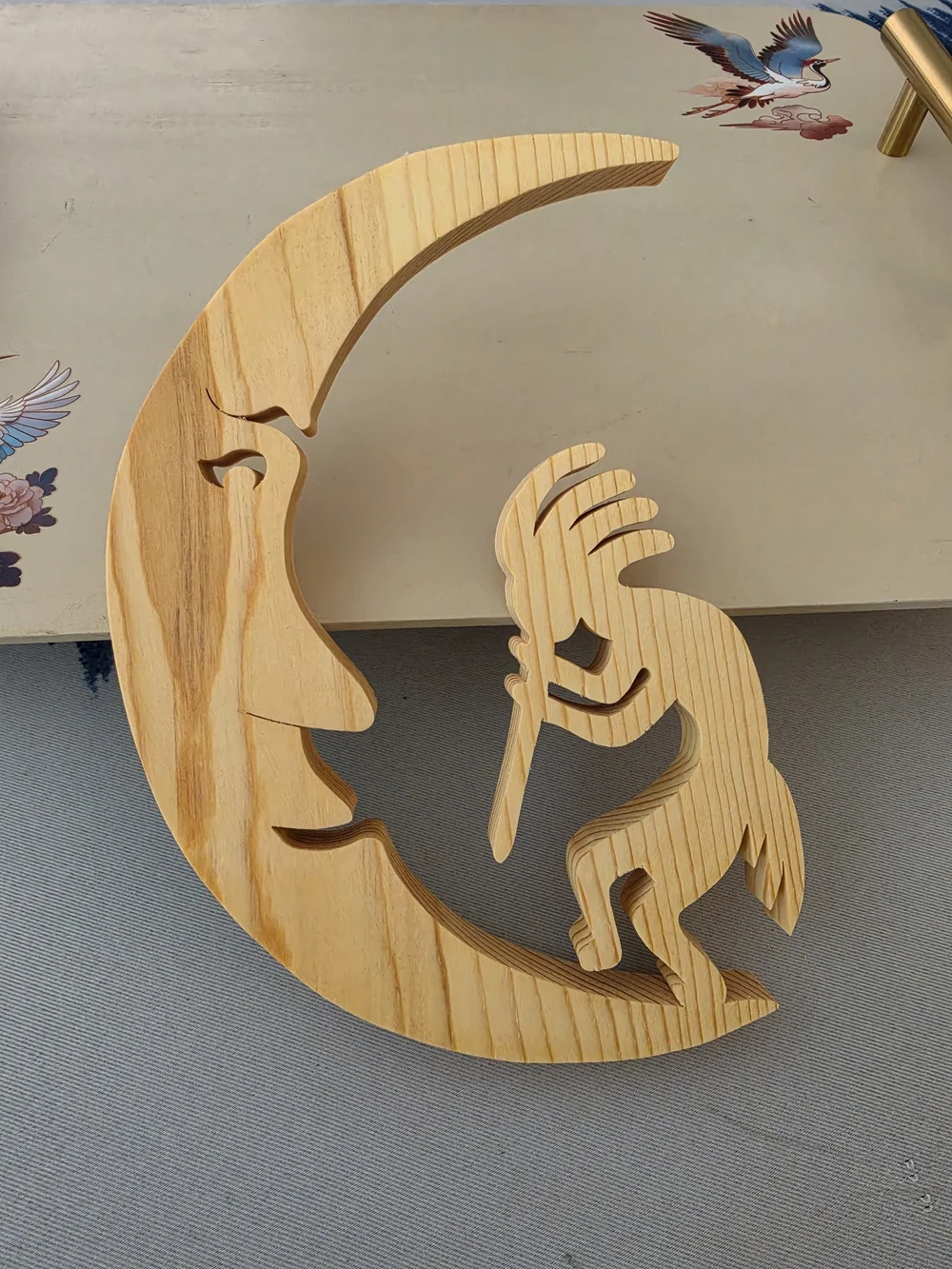Wood Crescent Moon Face & Kokopelli Figurine Carved Free Standing 7in x 5in